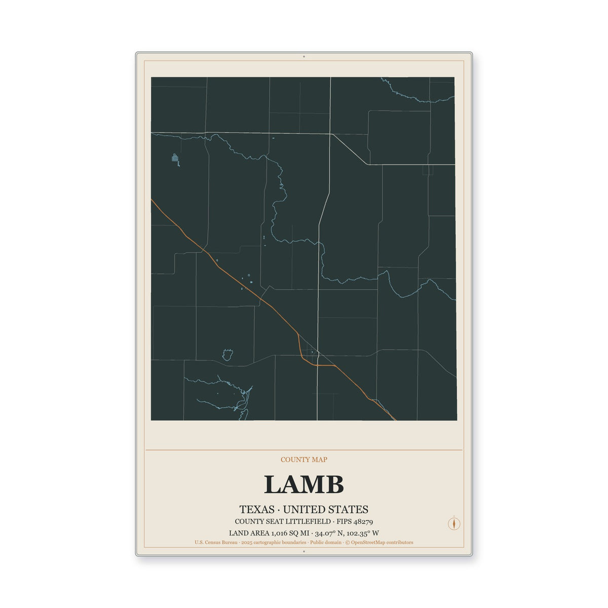 Lamb County, Texas Map Aluminum Sign in Headline Atlas style