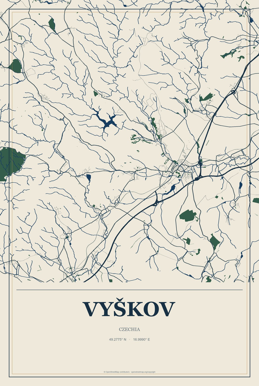 Vyškov, Czechia City Map Aluminum Sign in Coastal Cutout style