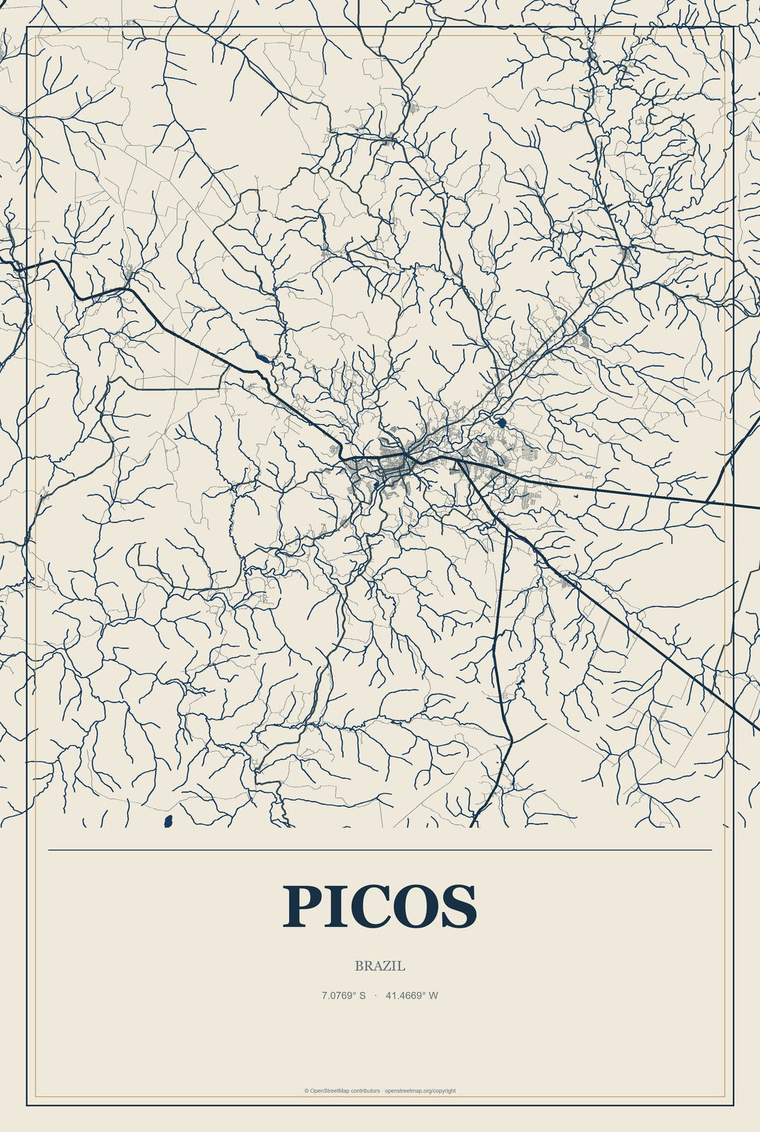 Picos, Brazil City Map Aluminum Sign in Coastal Cutout style