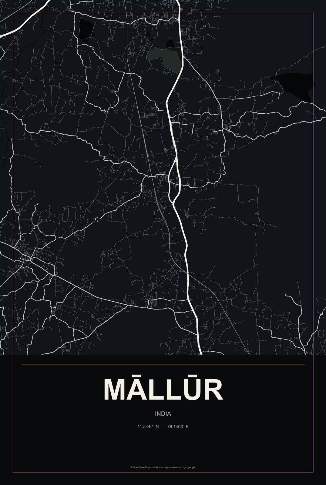 Māllūr, India City Map Aluminum Sign in Metropolitan Noir style