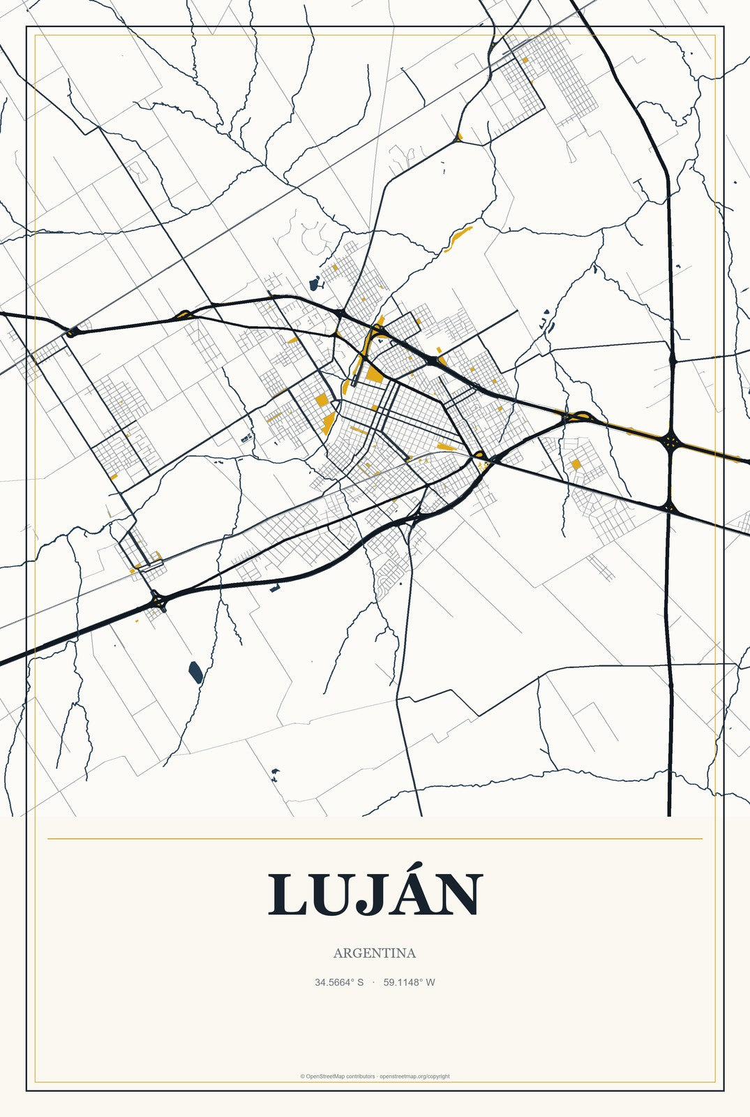 Luján, Argentina City Map Aluminum Sign in Citrine Modern style
