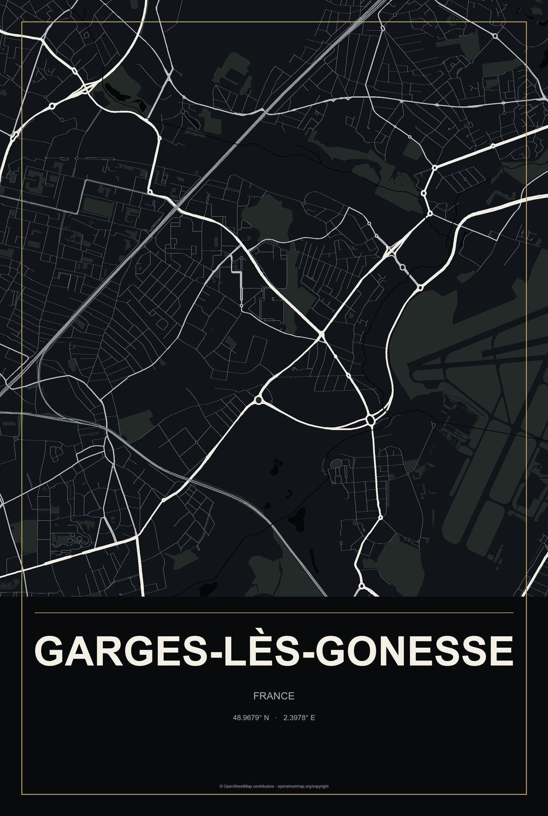 Garges-lès-Gonesse, France City Map Aluminum Sign in Metropolitan Noir style