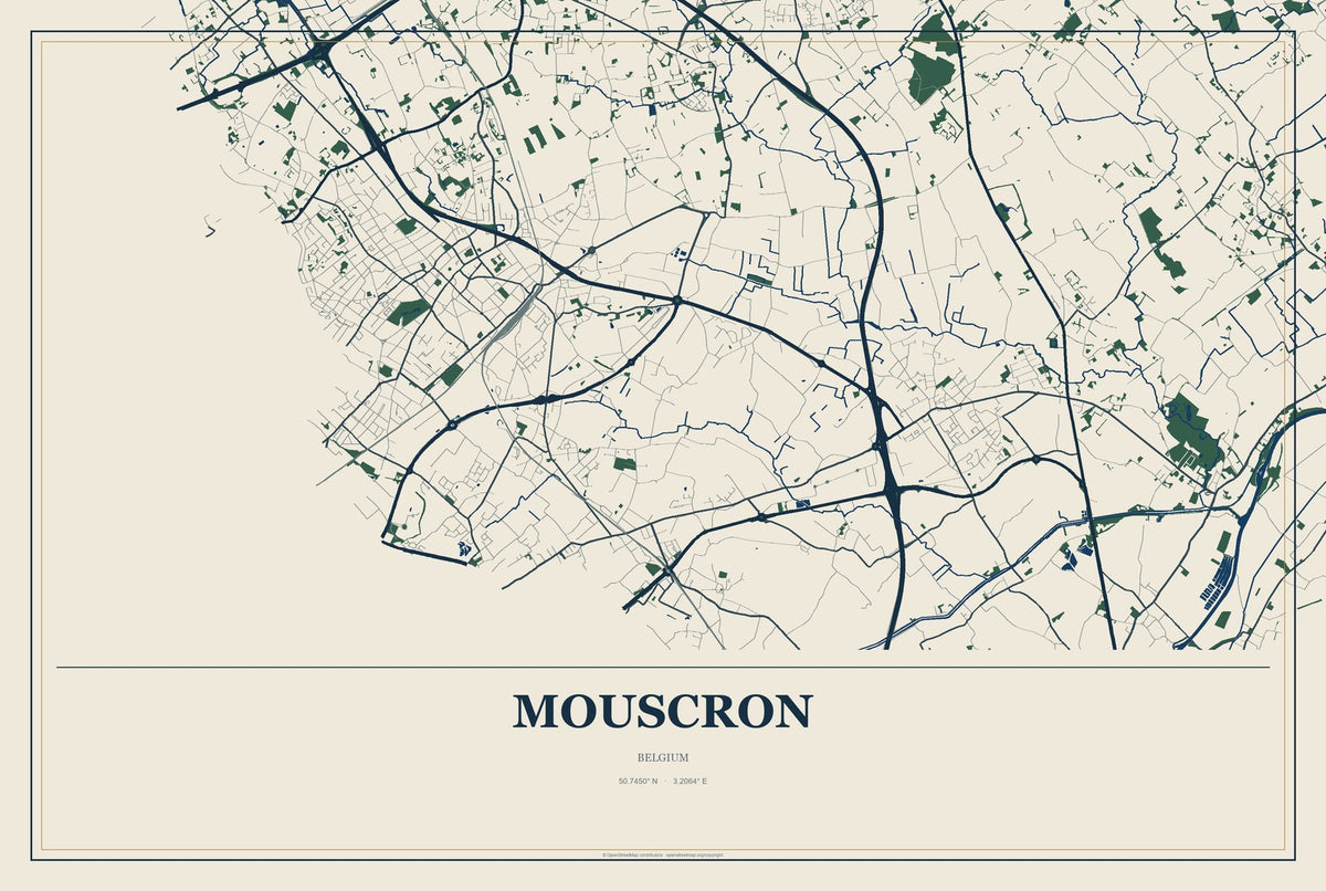 Mouscron, Belgium City Map Aluminum Sign in Coastal Cutout style