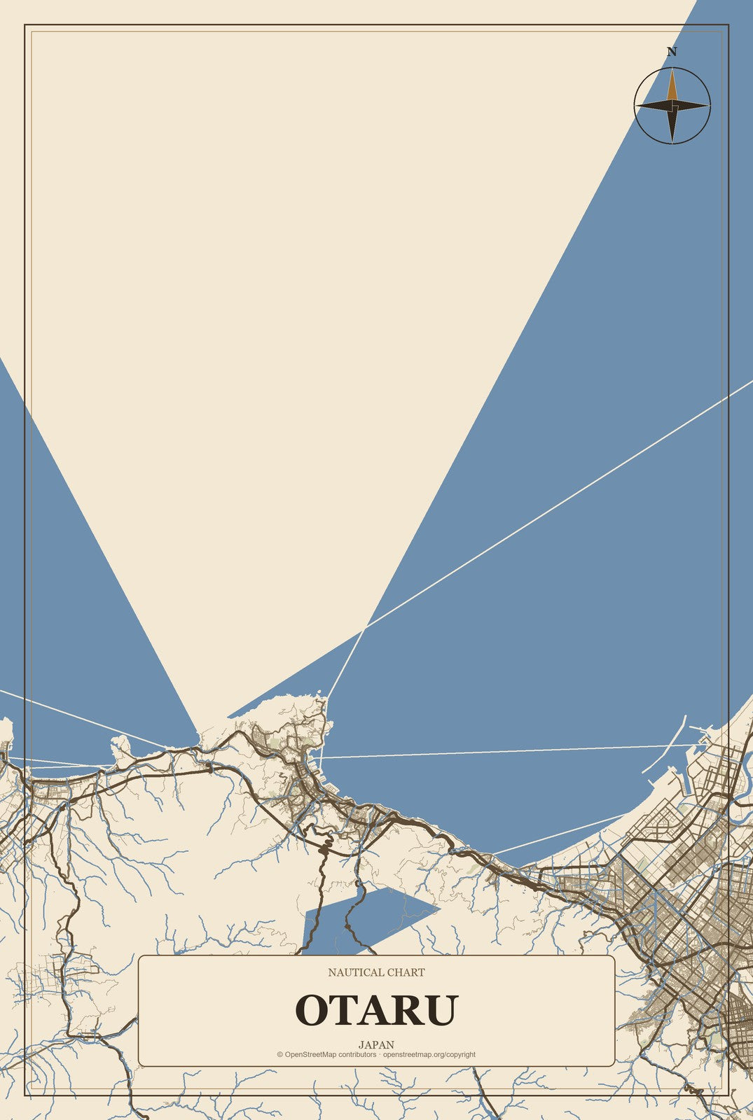 Otaru, Japan City Map Aluminum Sign in Heritage Nautical style