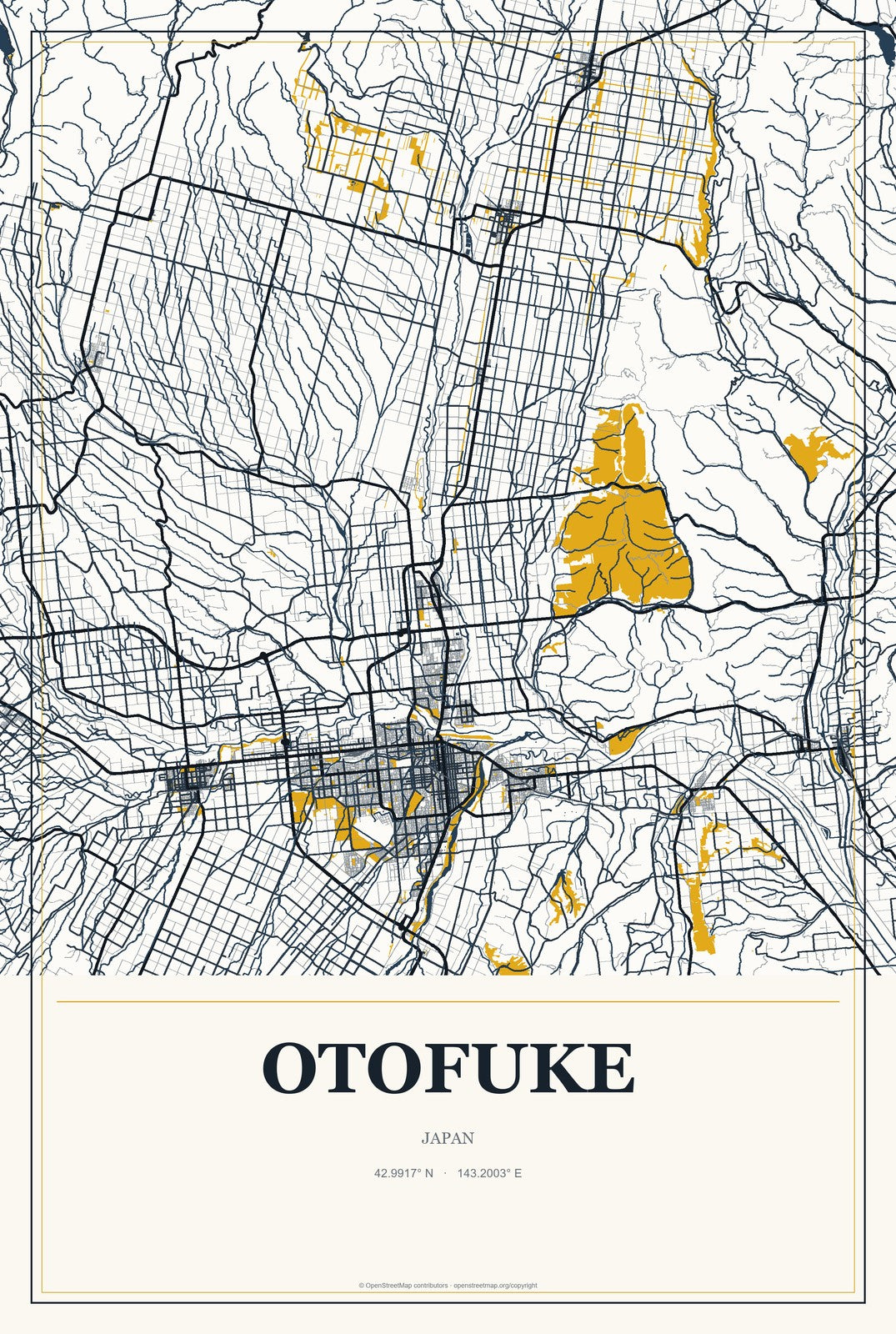 Otofuke, Japan City Map Aluminum Sign in Citrine Modern style