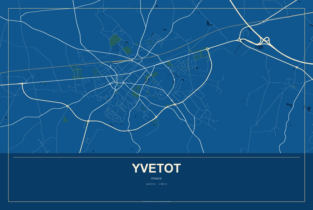 Yvetot, France City Map Aluminum Sign in Harbor Cobalt style