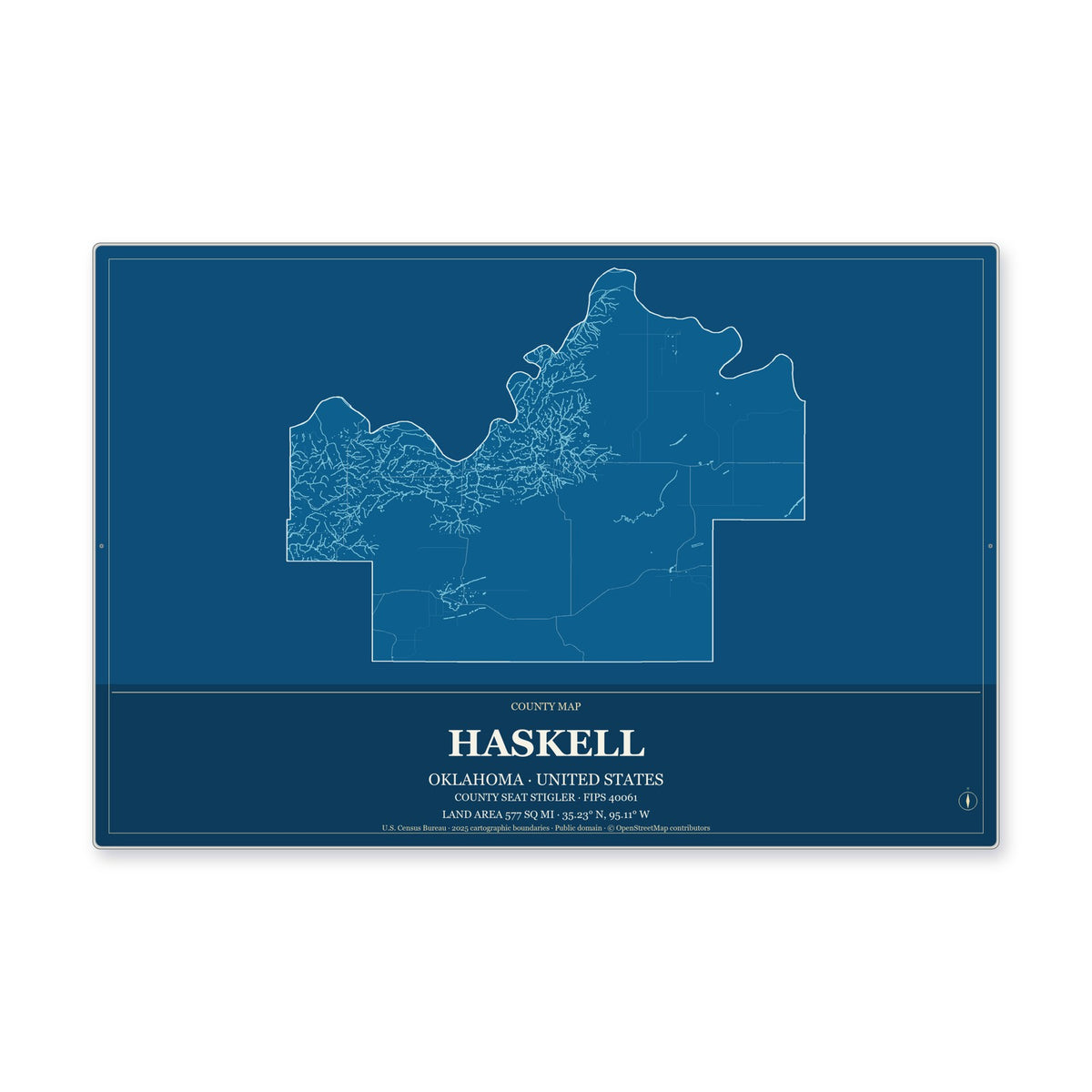 Haskell County, Oklahoma Map Aluminum Sign in Harbor Cobalt style
