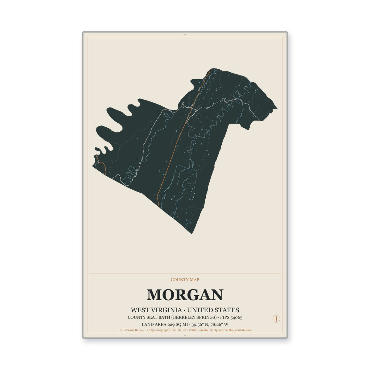 Morgan County, West Virginia Map Aluminum Sign in Headline Atlas style