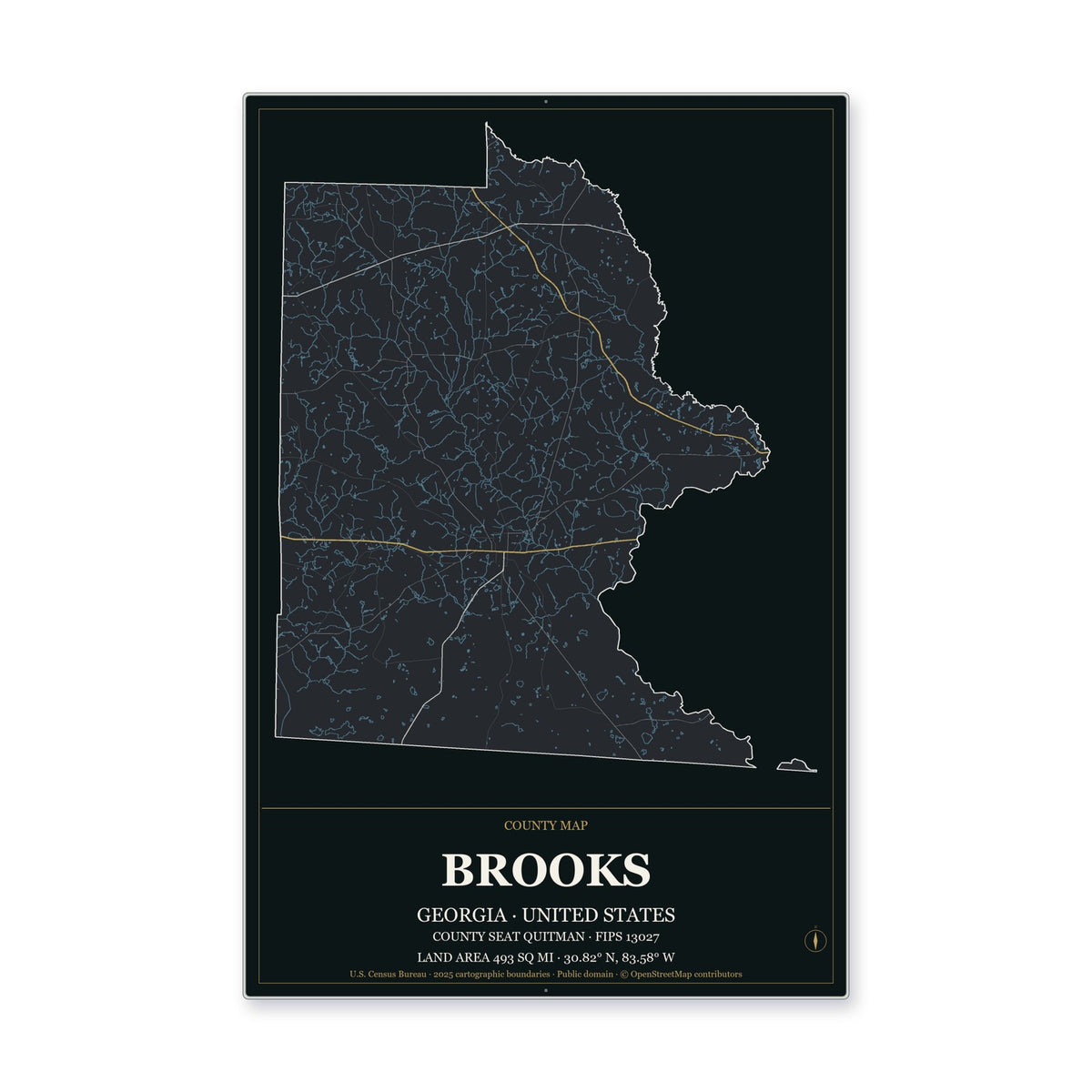 Brooks County, Georgia Map Aluminum Sign in Metropolitan Noir style