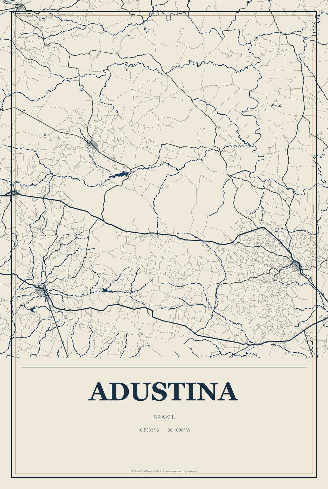 Adustina, Brazil City Map Aluminum Sign in Coastal Cutout style