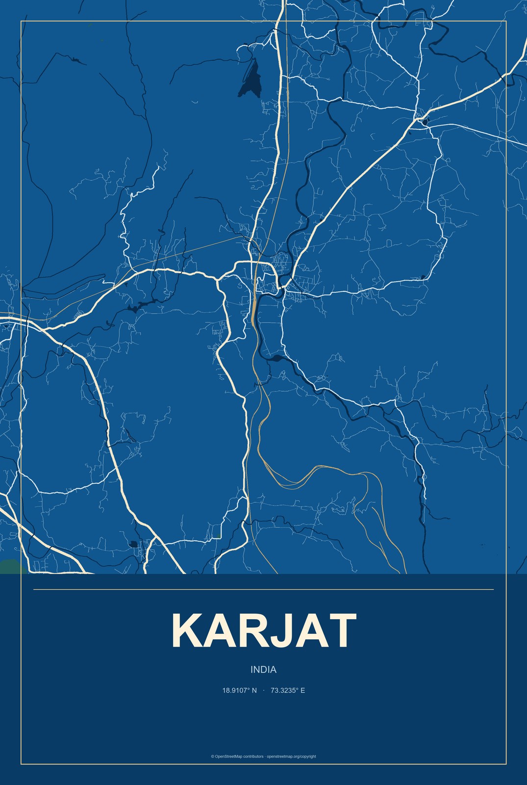 Karjat, India City Map Aluminum Sign in Harbor Cobalt style