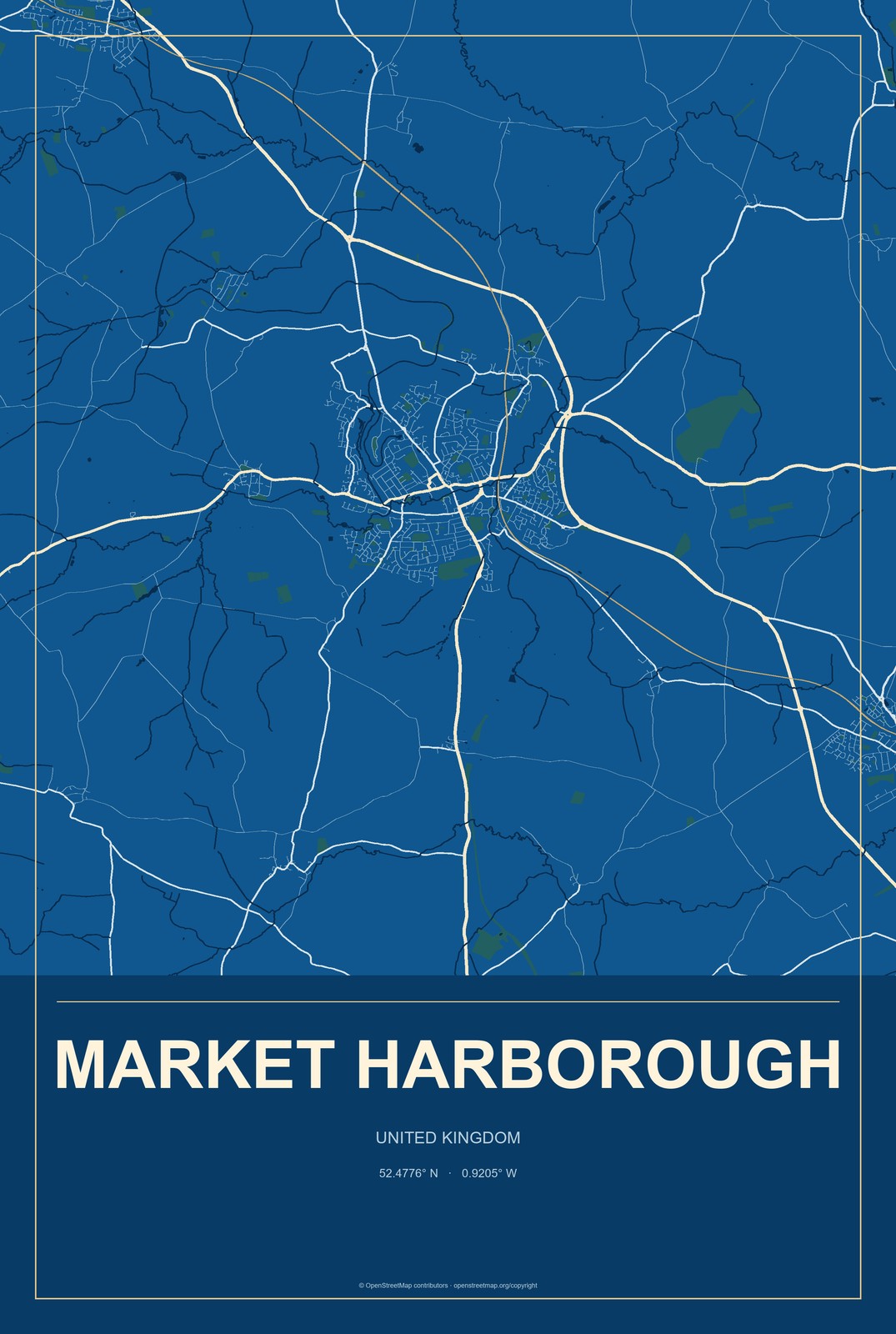 Market Harborough, United Kingdom City Map Aluminum Sign in Harbor Cobalt style
