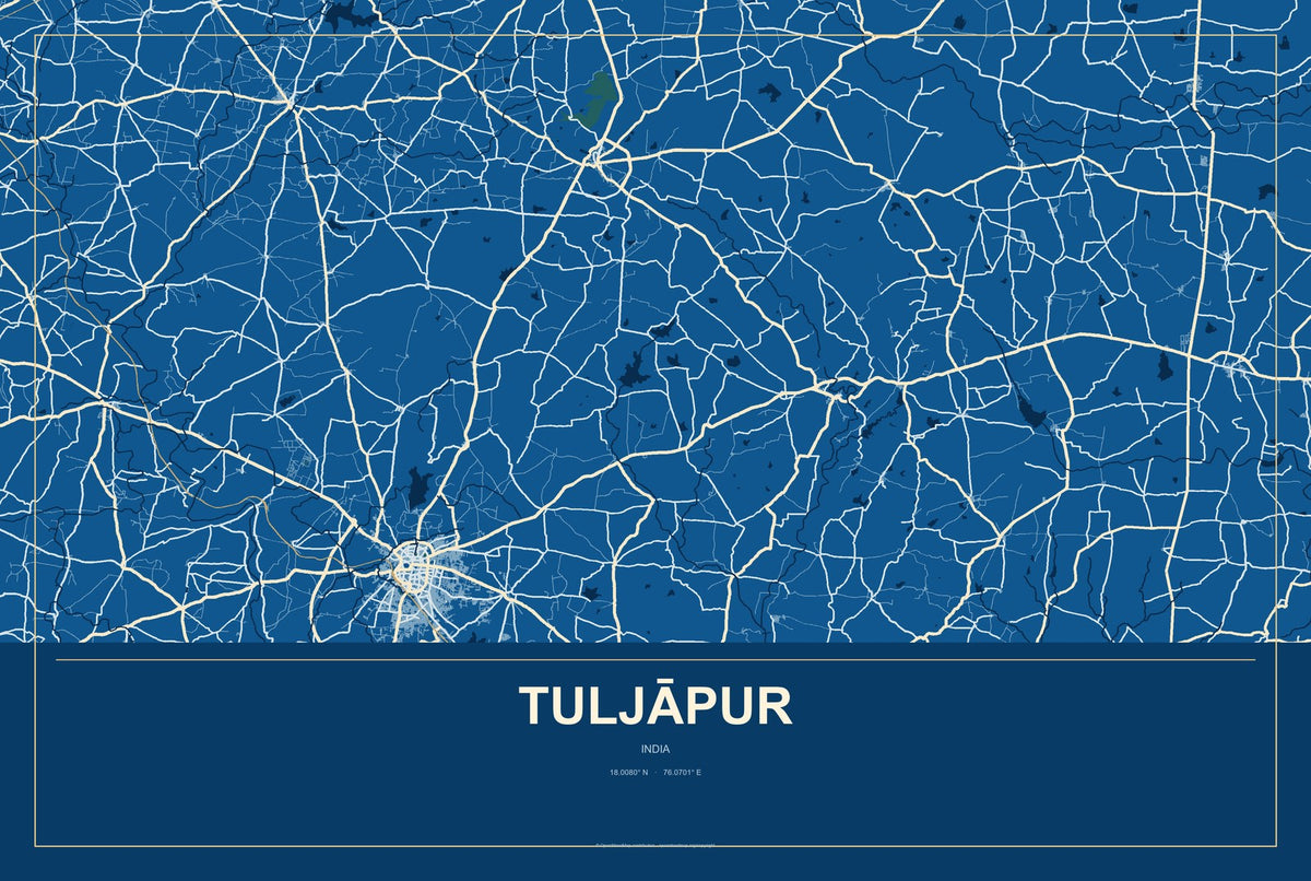 Tuljāpur, India City Map Aluminum Sign in Harbor Cobalt style