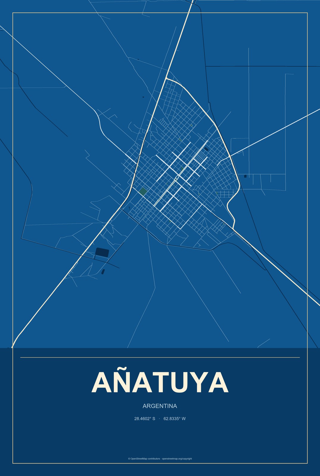 Añatuya, Argentina City Map Aluminum Sign in Harbor Cobalt style