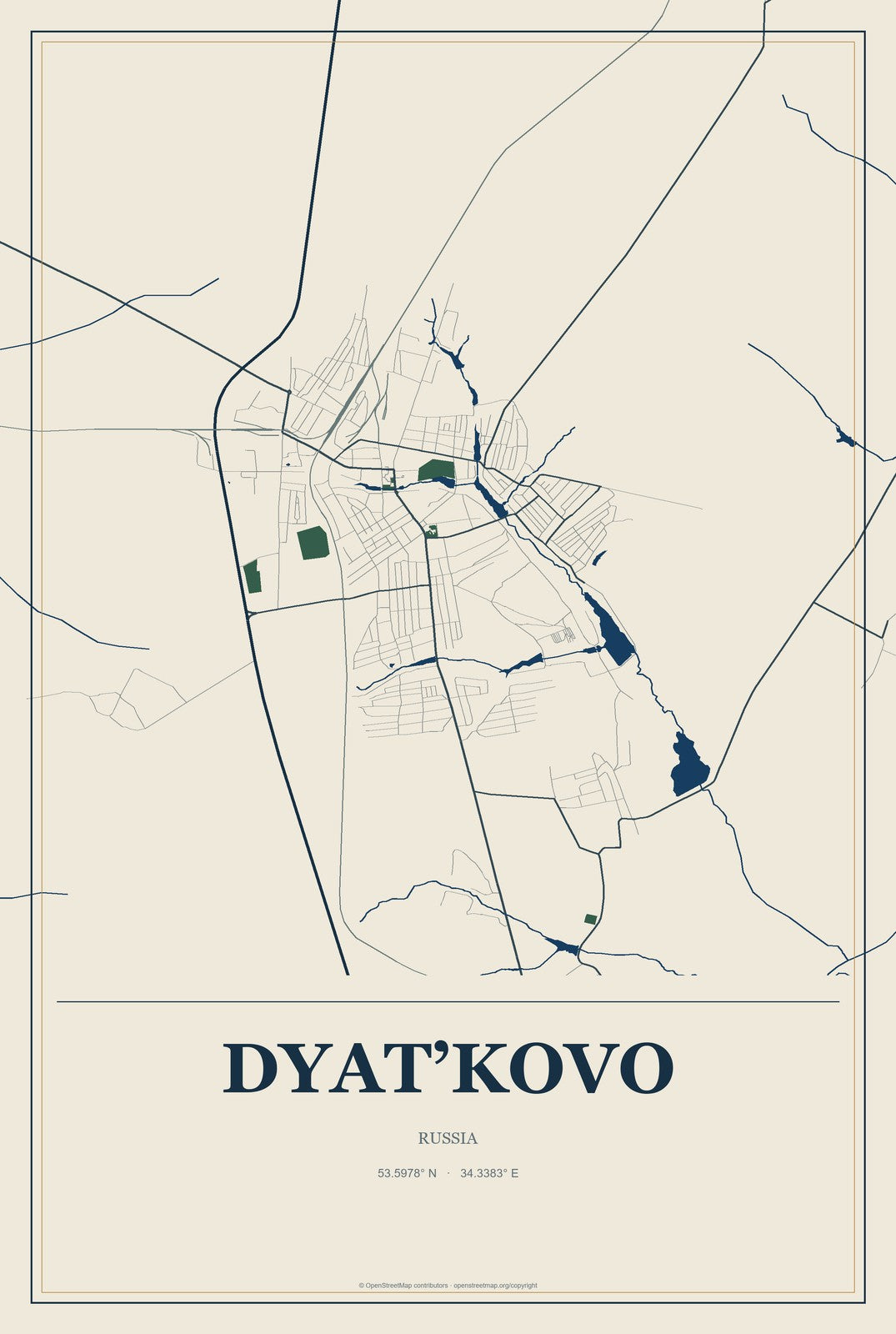 Dyat’kovo, Russia City Map Aluminum Sign in Coastal Cutout style