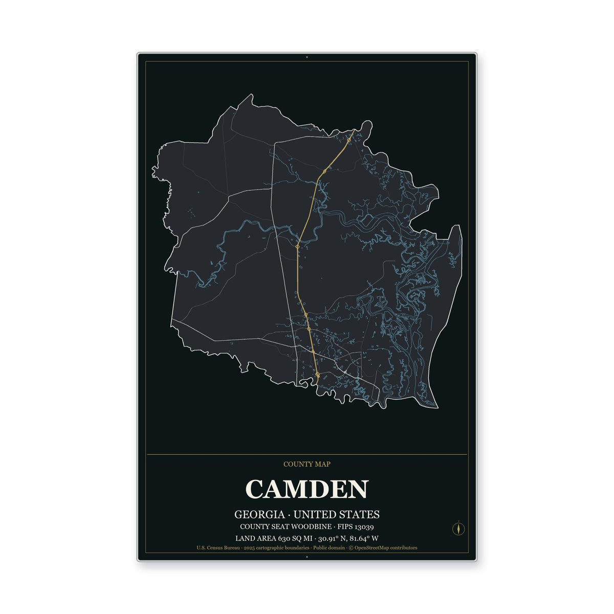 Camden County, Georgia Map Aluminum Sign in Metropolitan Noir style