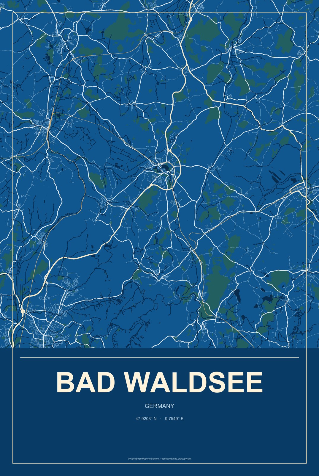 Bad Waldsee, Germany City Map Aluminum Sign in Harbor Cobalt style