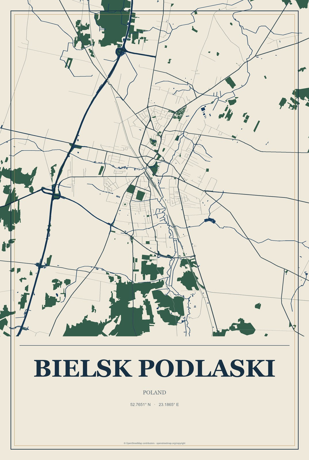 Bielsk Podlaski, Poland City Map Aluminum Sign in Coastal Cutout style