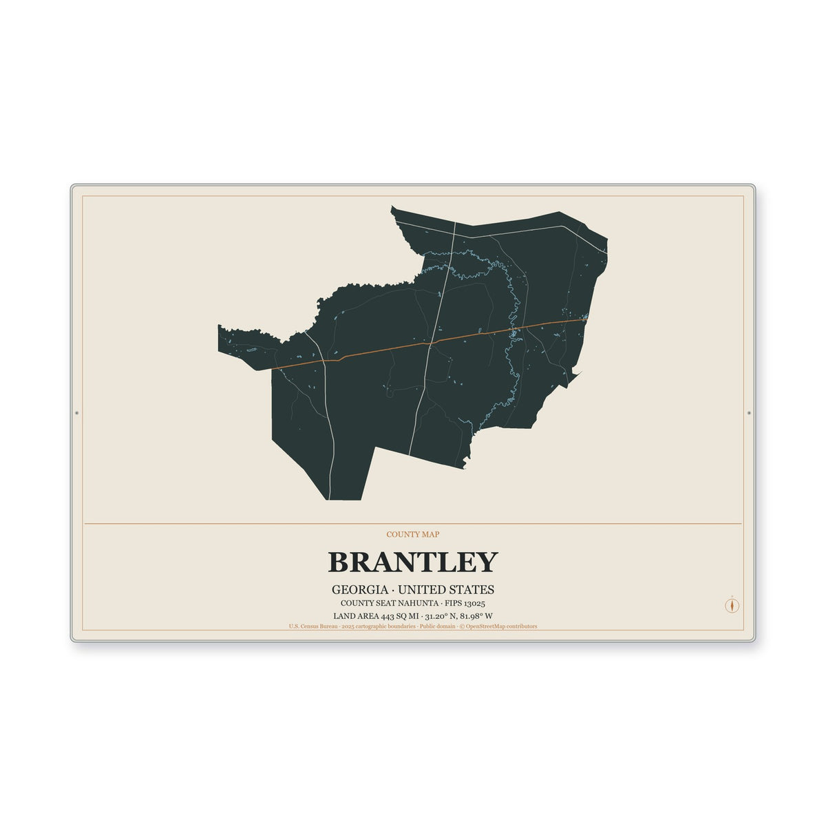 Brantley County, Georgia Map Aluminum Sign in Headline Atlas style