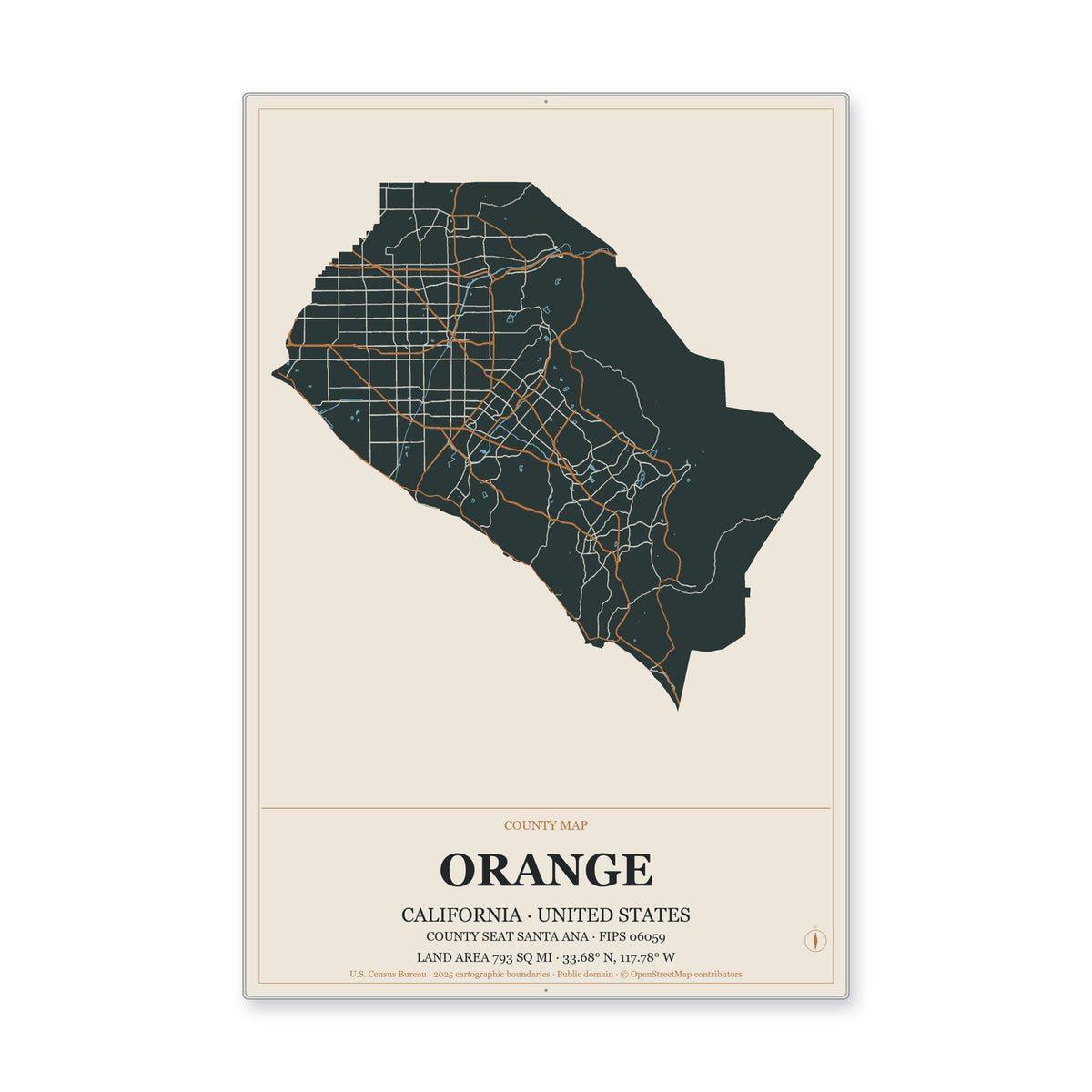Orange County, California Map Aluminum Sign in Headline Atlas style