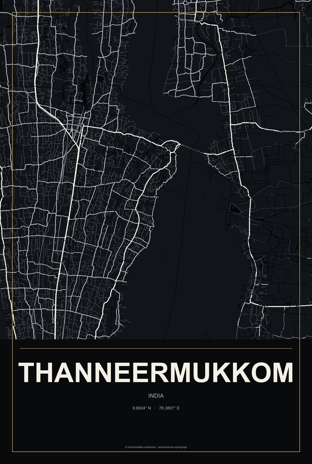 Thanneermukkom, India City Map Aluminum Sign in Metropolitan Noir style