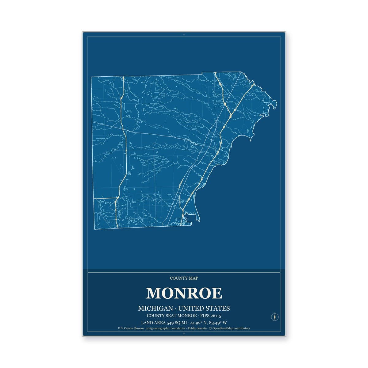Monroe County, Michigan Map Aluminum Sign in Harbor Cobalt style