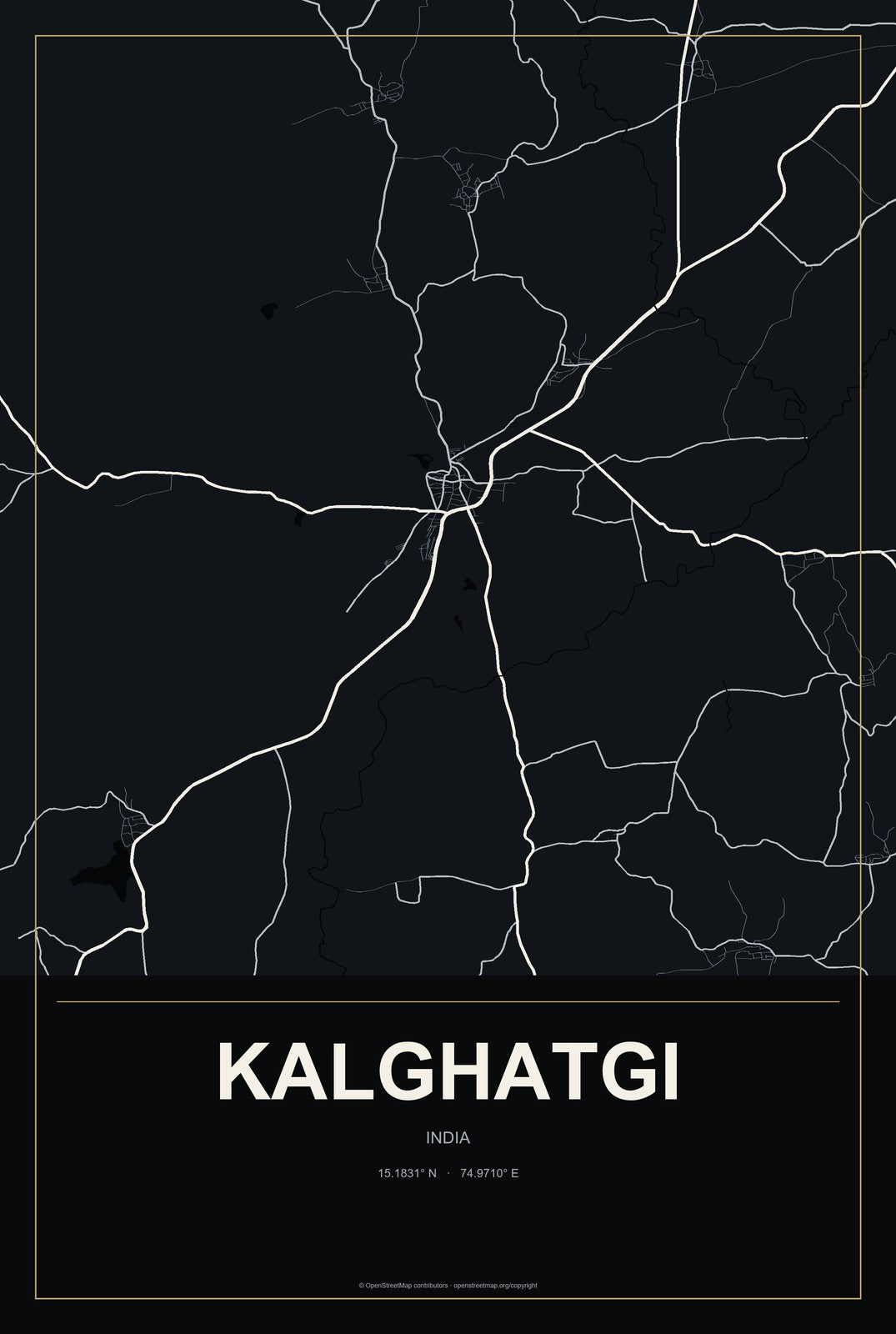 Kalghatgi, India City Map Aluminum Sign in Metropolitan Noir style