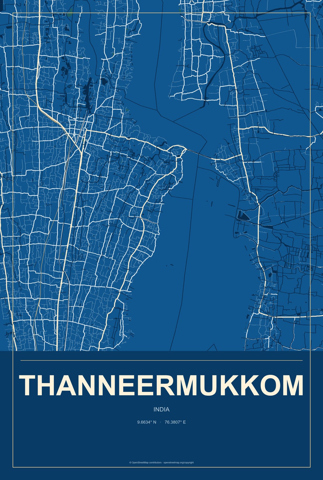Thanneermukkom, India City Map Aluminum Sign in Harbor Cobalt style