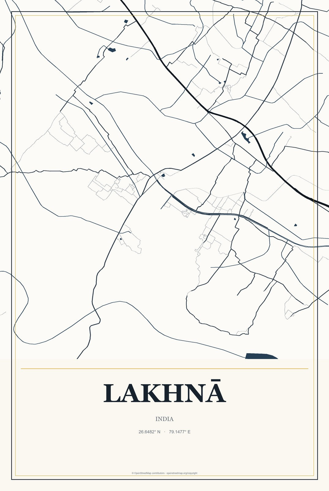 Lakhnā, India City Map Aluminum Sign in Citrine Modern style