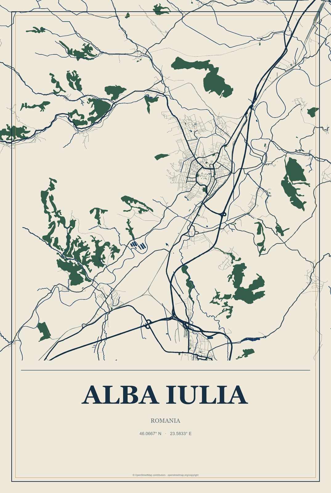 Alba Iulia, Romania City Map Aluminum Sign in Coastal Cutout style
