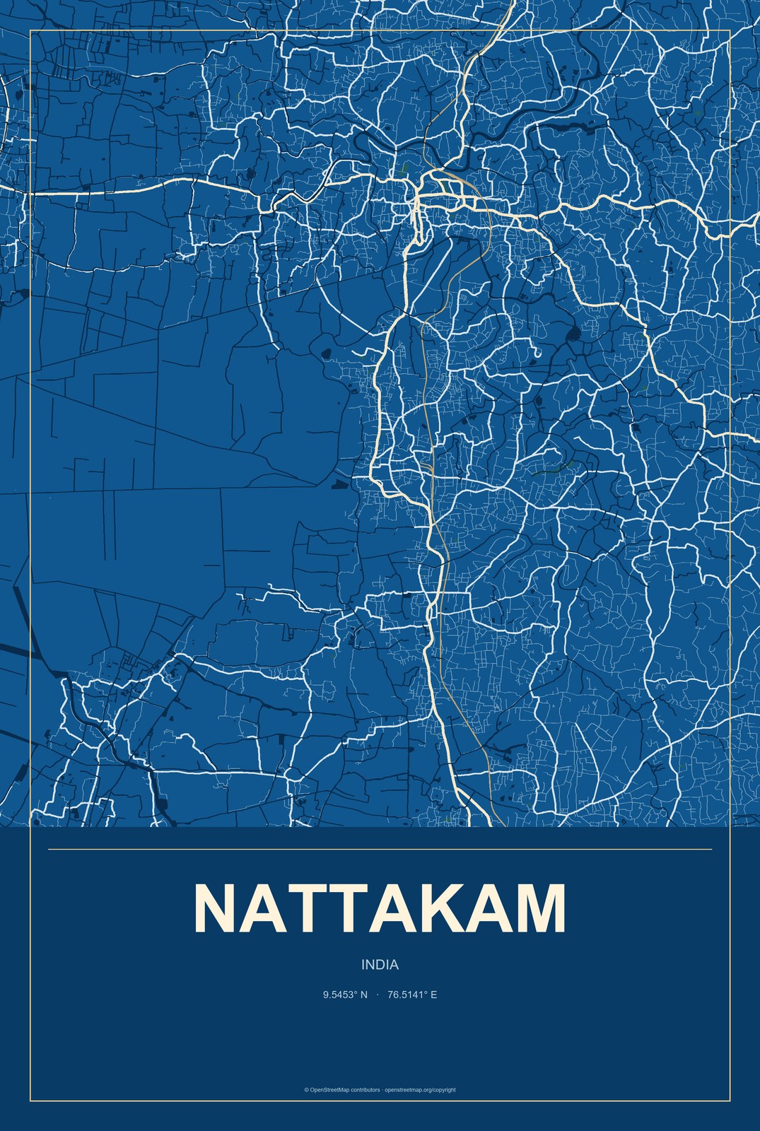 Nattakam, India City Map Aluminum Sign in Harbor Cobalt style