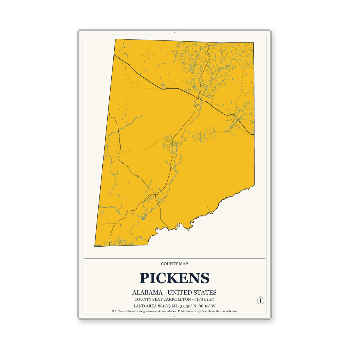 Pickens County, Alabama Map Aluminum Sign in Citrine Modern style