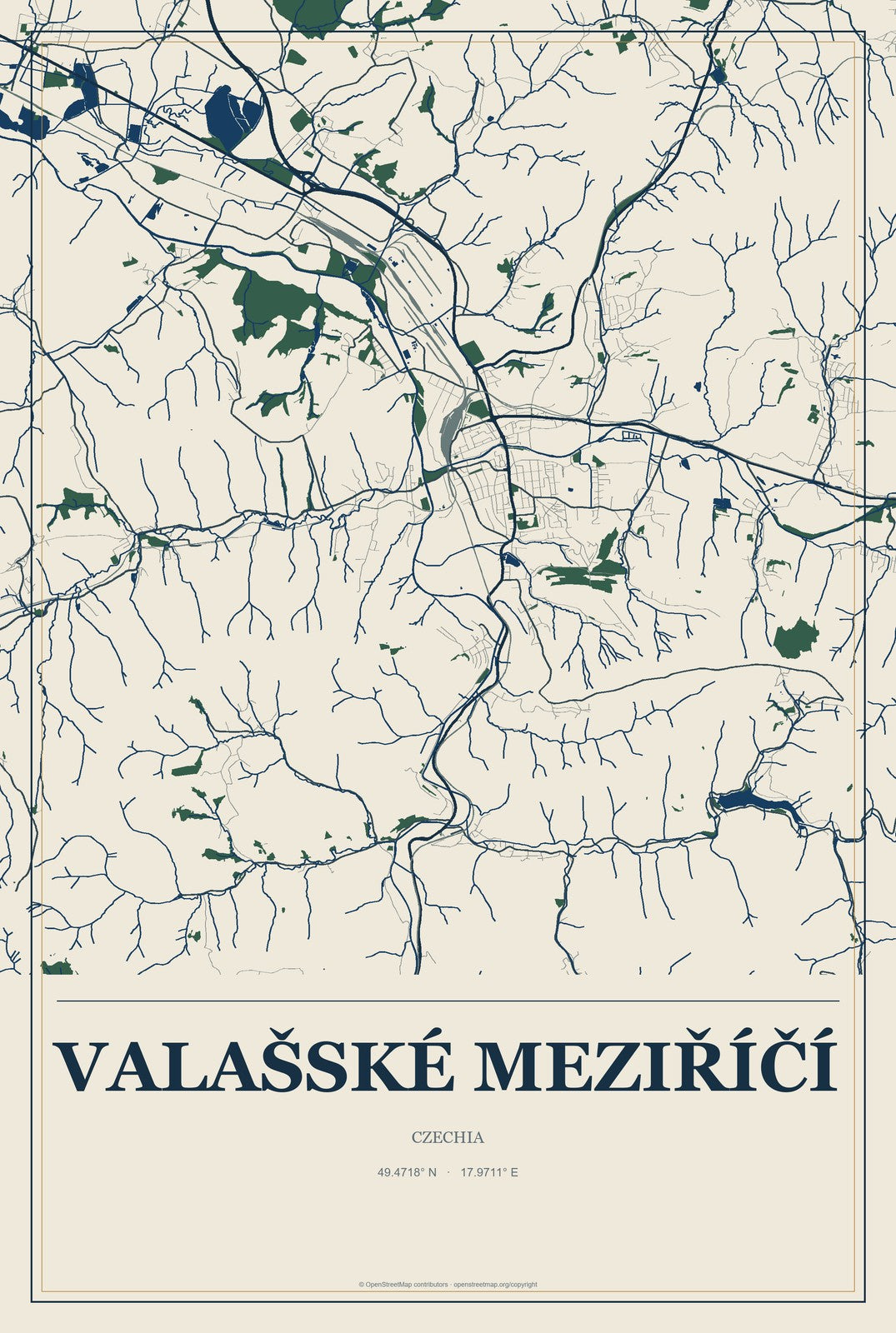 Valašské Meziříčí, Czechia City Map Aluminum Sign in Coastal Cutout style