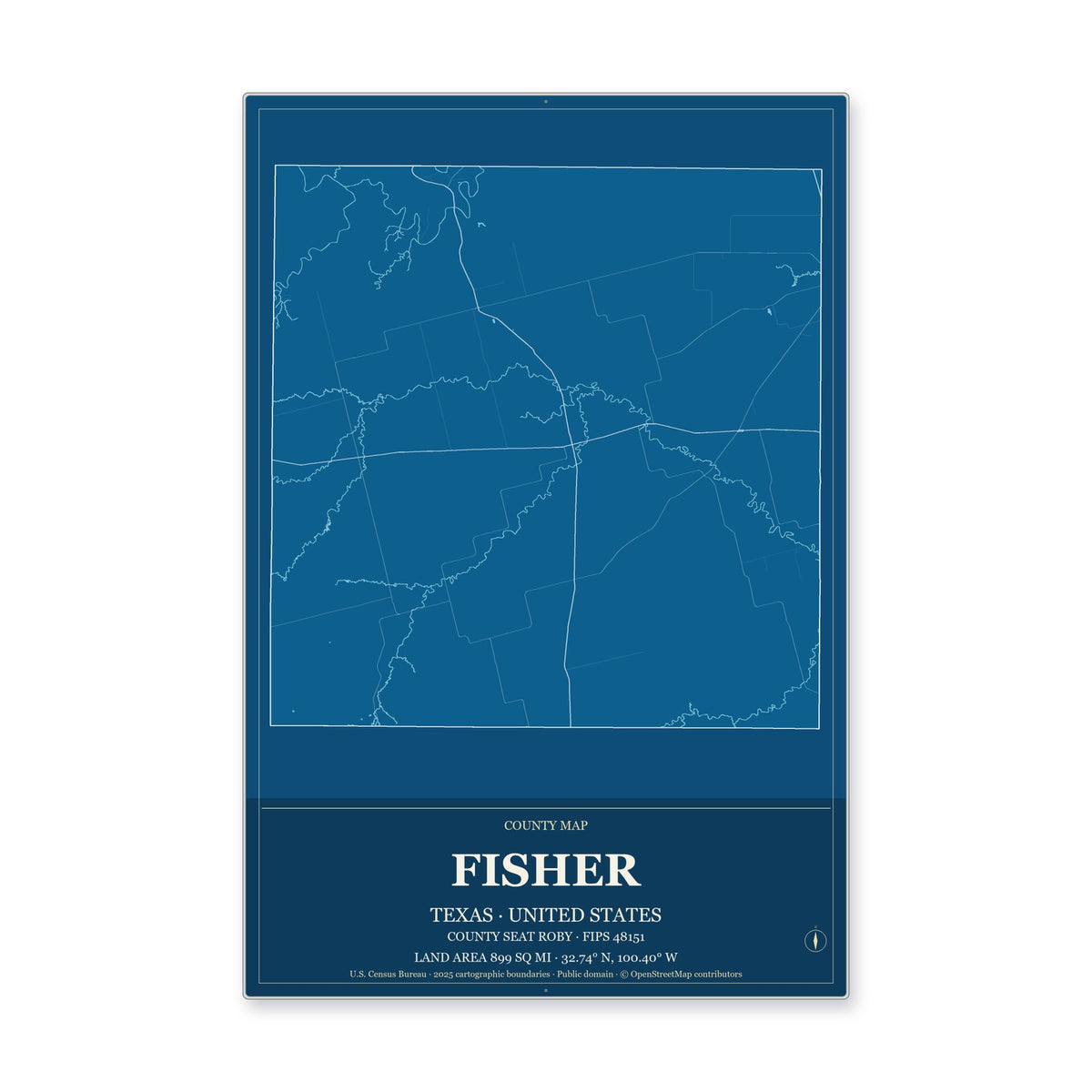 Fisher County, Texas Map Aluminum Sign in Harbor Cobalt style