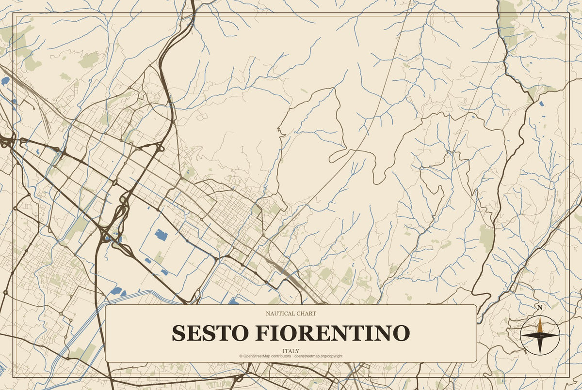 Sesto Fiorentino, Italy City Map Aluminum Sign in Heritage Nautical style