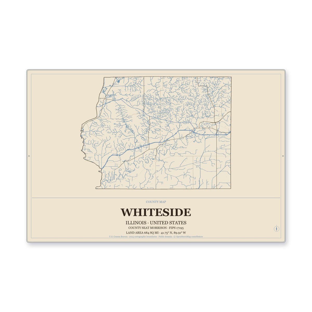 Whiteside County, Illinois Map Aluminum Sign in Heritage Nautical style
