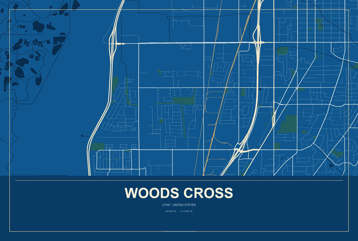Woods Cross, Utah City Map Aluminum Sign in Harbor Cobalt style
