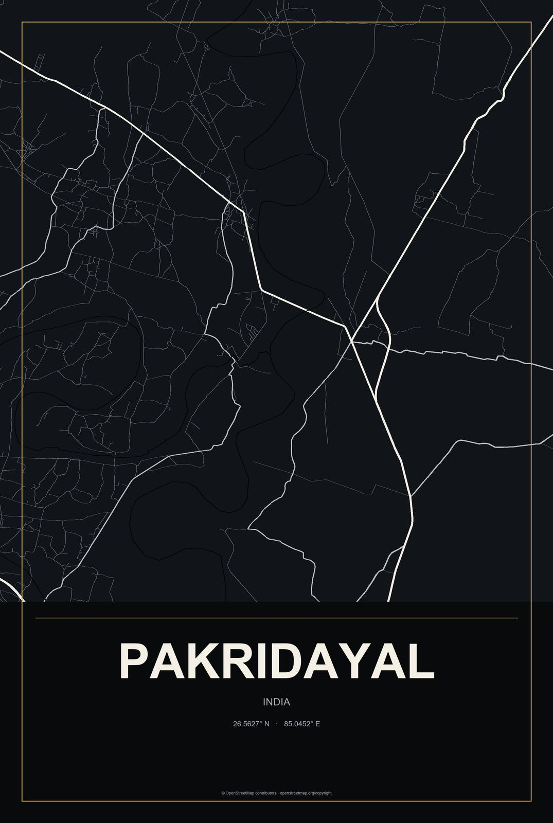 Pakridayal, India City Map Aluminum Sign in Metropolitan Noir style