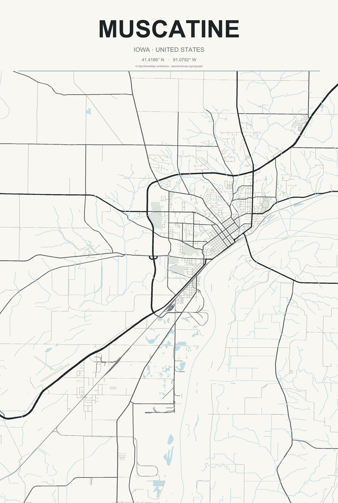 Muscatine, Iowa City Map Aluminum Sign in Headline Atlas style