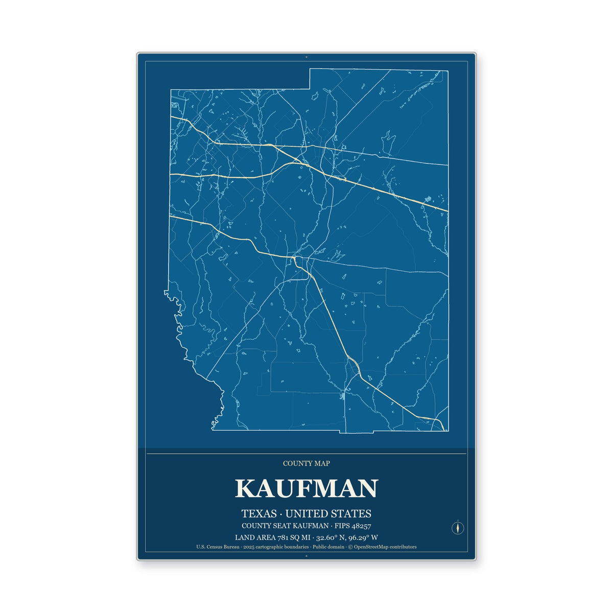 Kaufman County, Texas Map Aluminum Sign in Harbor Cobalt style