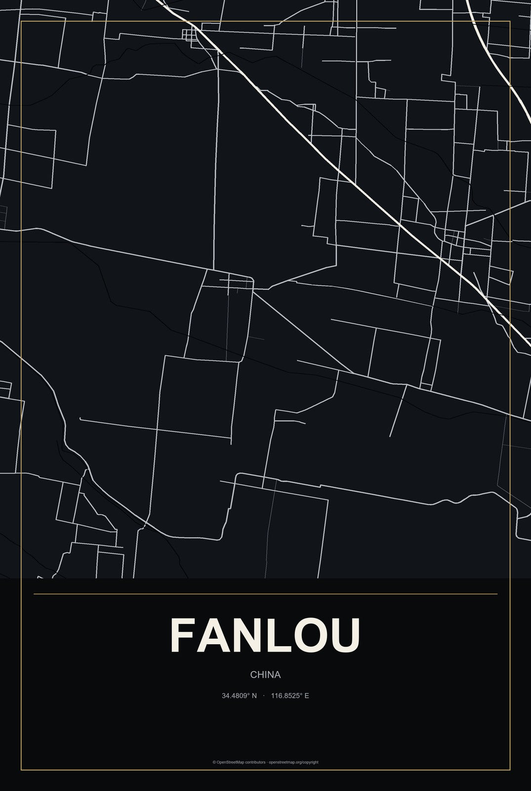 Fanlou, China City Map Aluminum Sign in Metropolitan Noir style