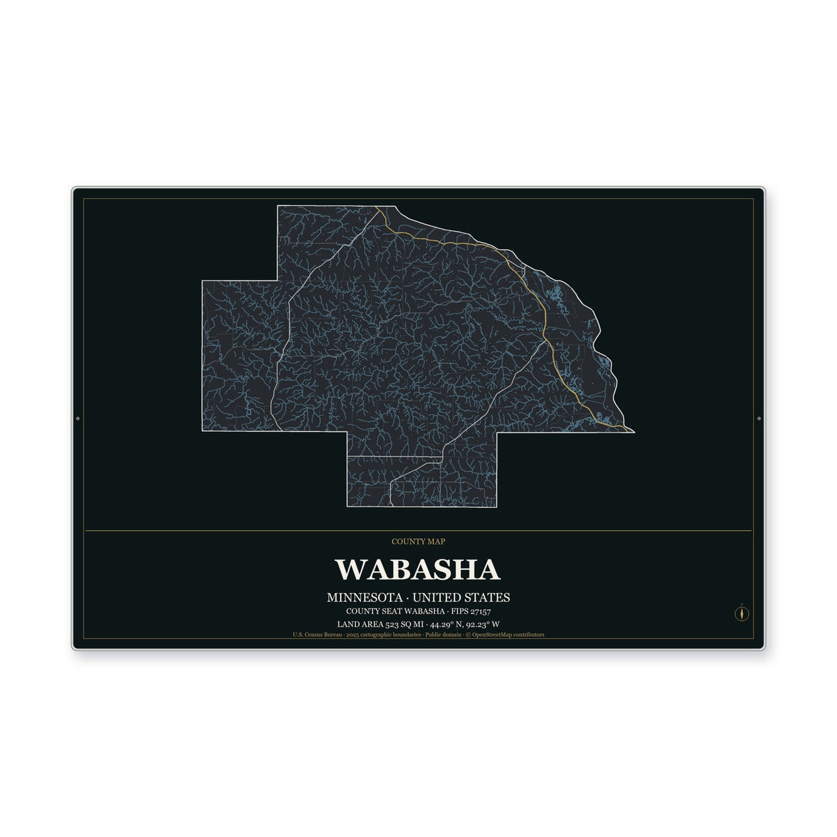 Wabasha County, Minnesota Map Aluminum Sign in Metropolitan Noir style