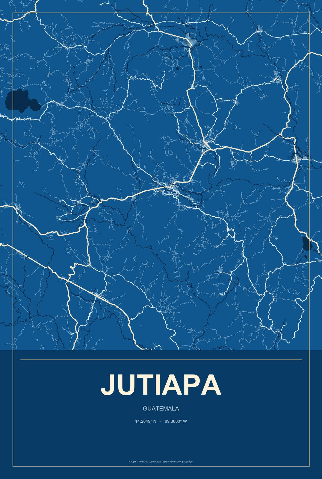 Jutiapa, Guatemala City Map Aluminum Sign in Harbor Cobalt style