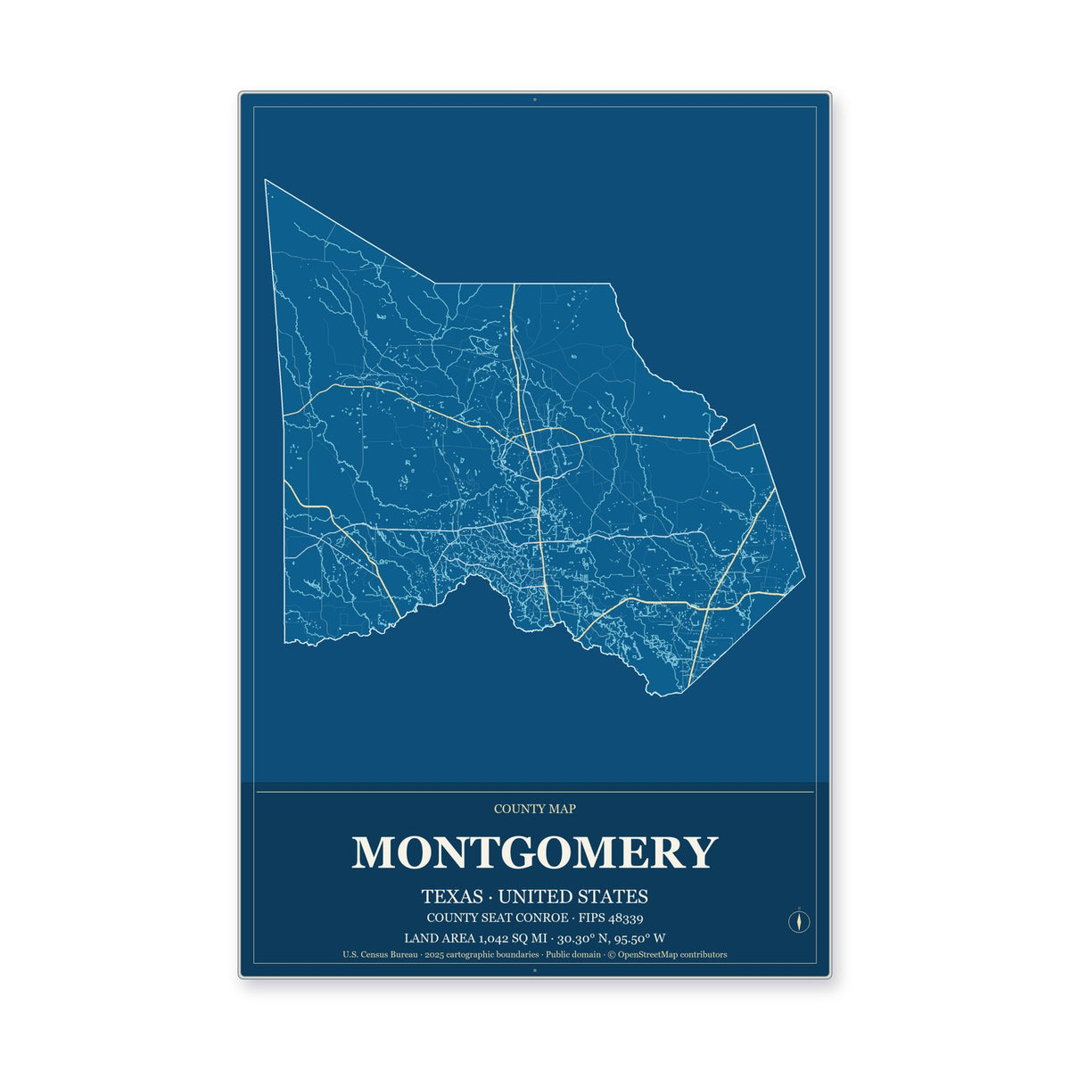 Montgomery County, Texas Map Aluminum Sign in Harbor Cobalt style