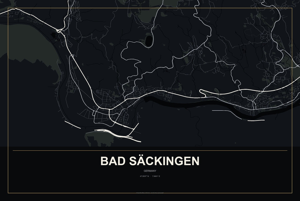 Bad Säckingen, Germany City Map Aluminum Sign in Metropolitan Noir style