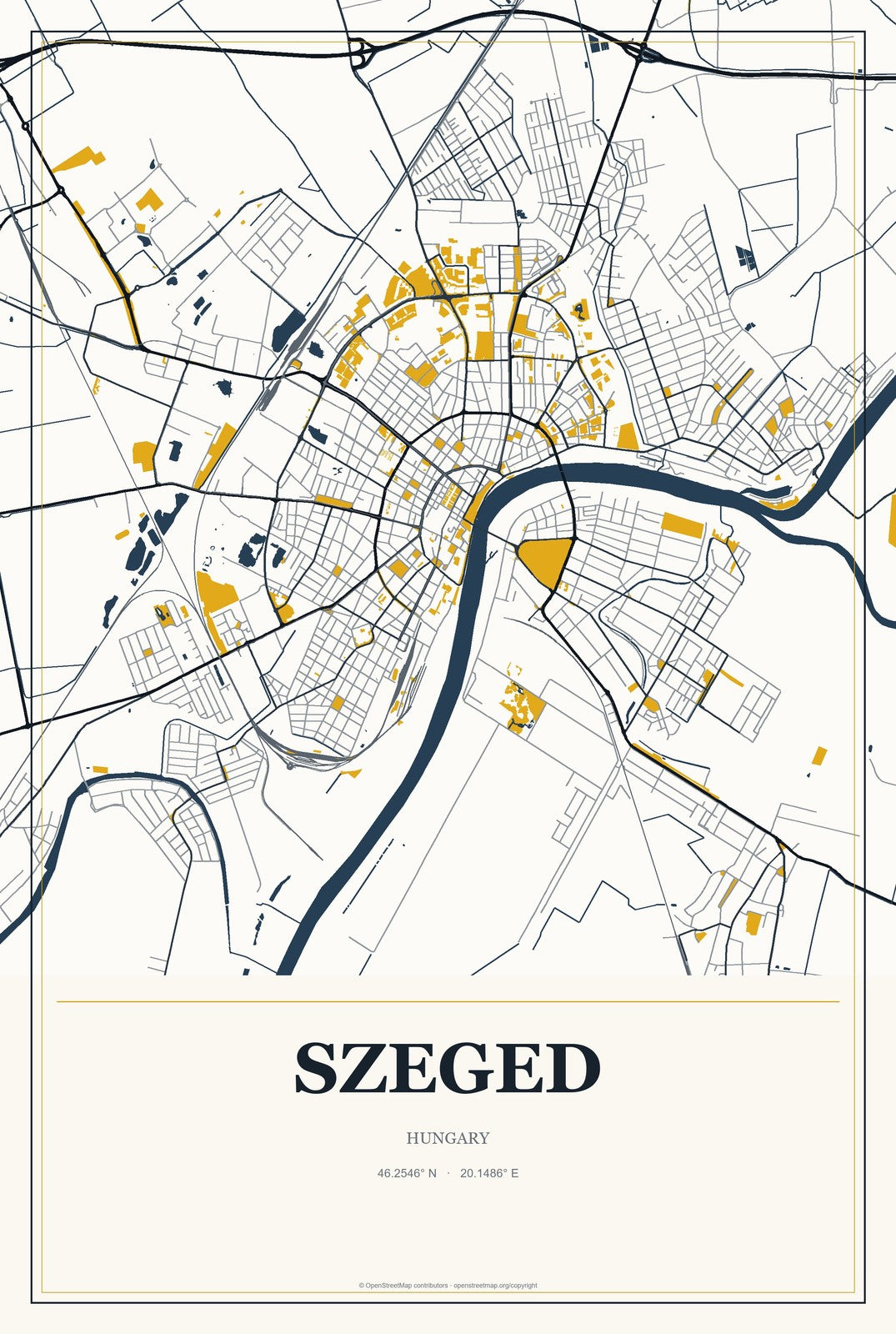 Szeged, Hungary City Map Aluminum Sign in Citrine Modern style