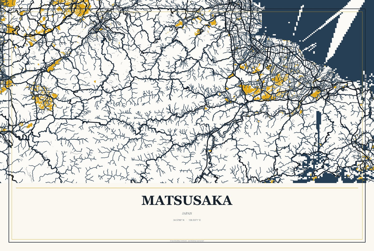 Matsusaka, Japan City Map Aluminum Sign in Citrine Modern style
