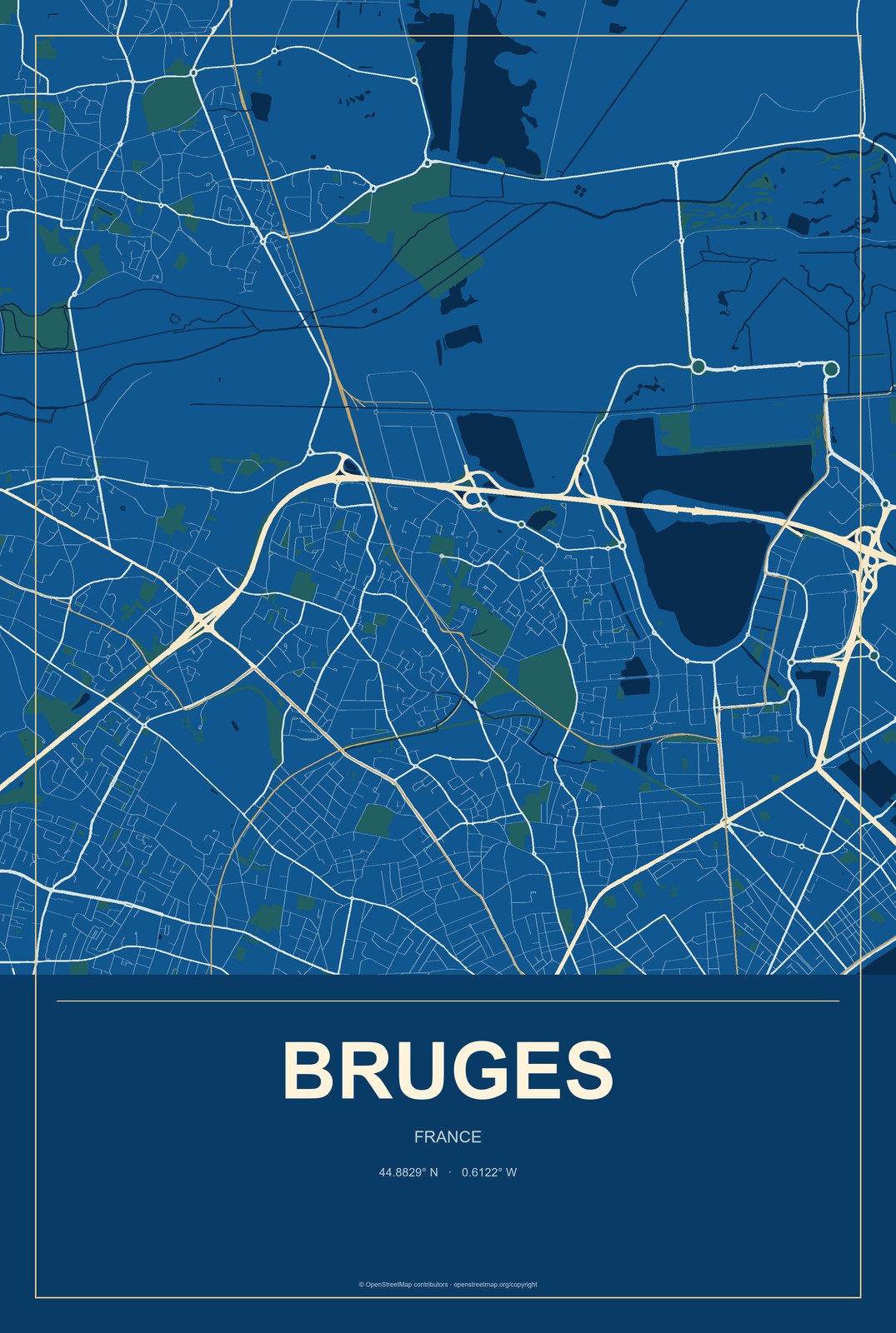 Bruges, France City Map Aluminum Sign in Harbor Cobalt style