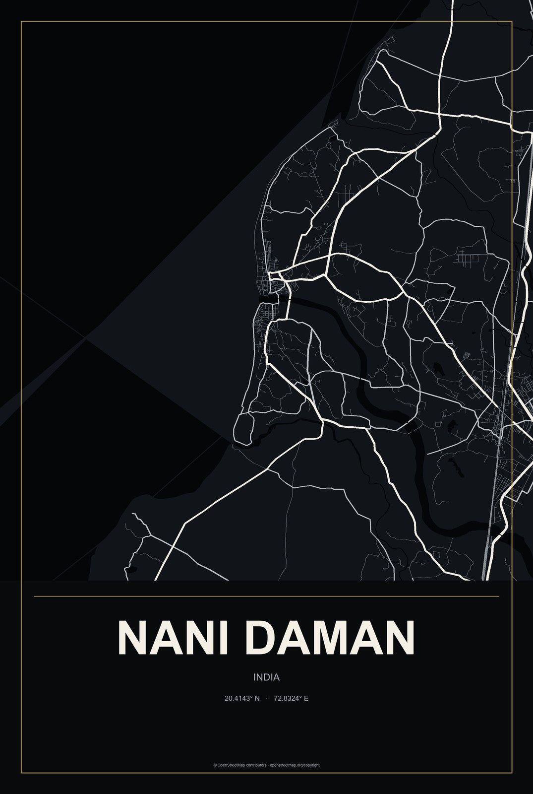 Nani Daman, India City Map Aluminum Sign in Metropolitan Noir style