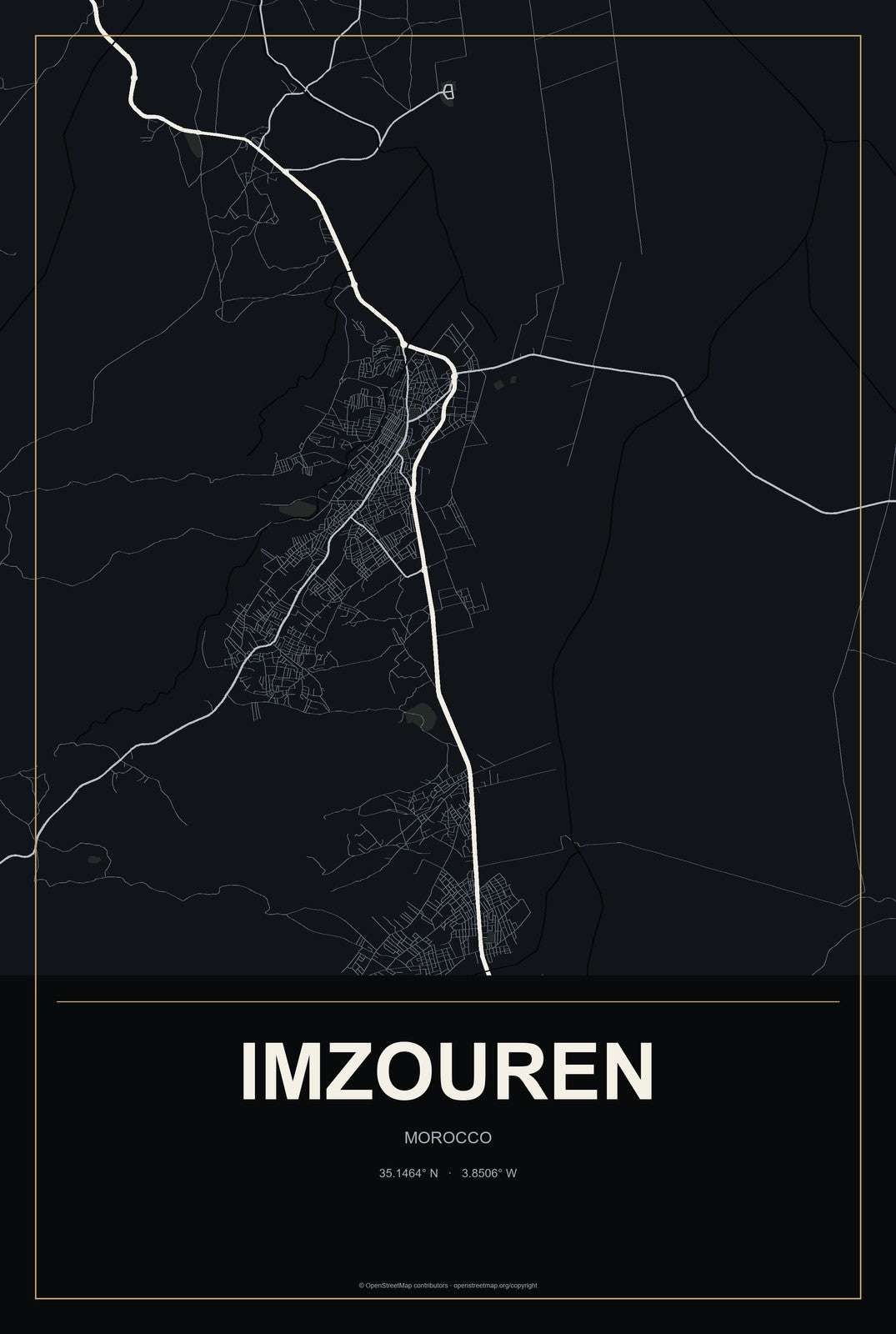 Imzouren, Morocco City Map Aluminum Sign in Metropolitan Noir style
